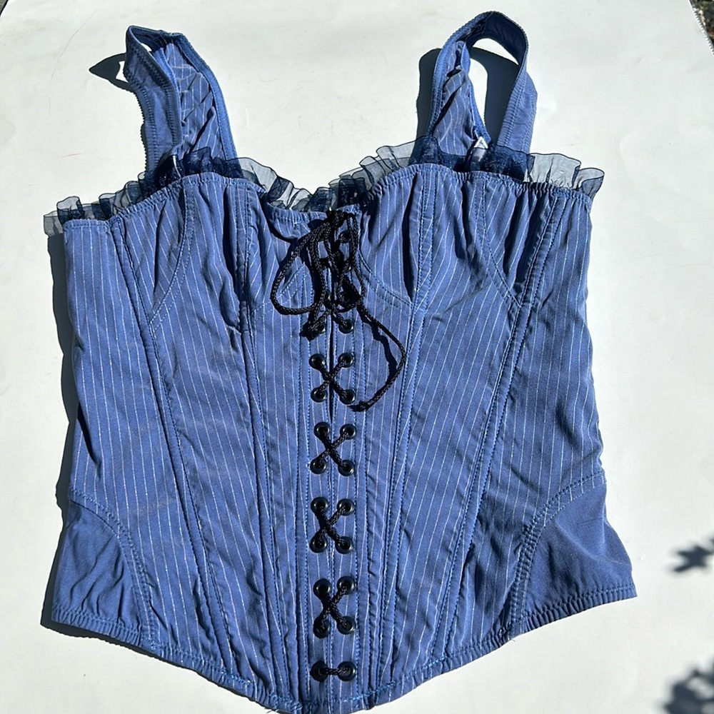 Corset, blue SZ L with subdued metallic stripe never worn, made in France